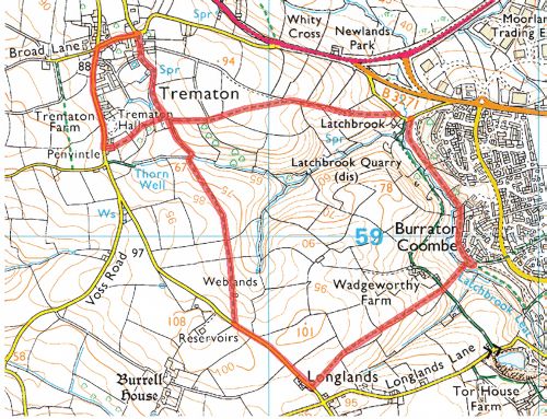 Large map showing the route of a local walk around Saltash