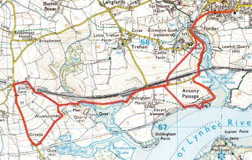 Large map showing the route of a local walk around Saltash