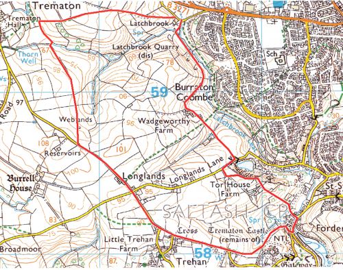 Large map showing the route of a local walk around Saltash