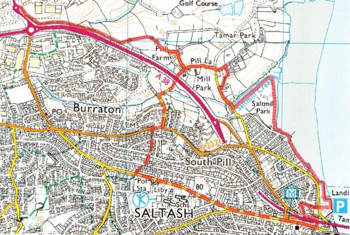 Large map showing the route of a local walk around Saltash
